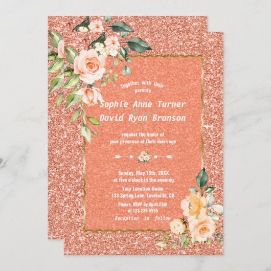 Moderne Levende Koraal Bloemen Koraal Glitters Bru Kaart (Voorkant / Achterkant)