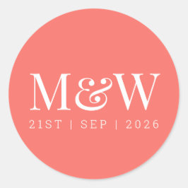Moderne levende koraal bruiloft ronde sticker