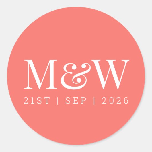 Moderne levende koraal bruiloft ronde sticker (Voorkant)