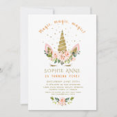 Moderne levende koraalbloemen Gold Unicorn Birthda Kaart (Voorkant)