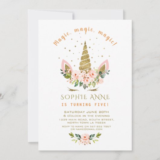 Moderne levende koraalbloemen Gold Unicorn Birthda Kaart (Voorkant)