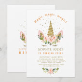 Moderne levende koraalbloemen Gold Unicorn Birthda Kaart (Voorkant / Achterkant)