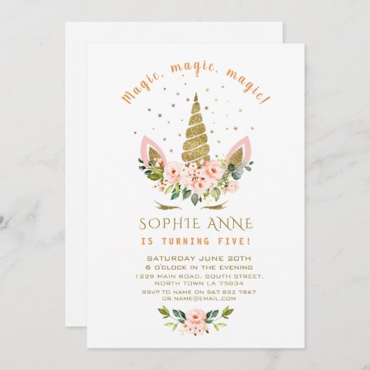 Moderne levende koraalbloemen Gold Unicorn Birthda Kaart (Voorkant / Achterkant)