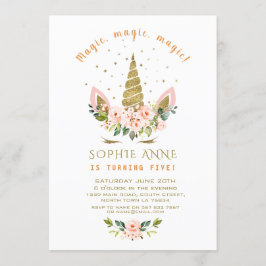 Moderne levende koraalbloemen Gold Unicorn Birthda Kaart