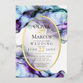 Moderne, levendige Blauwgroen plum Abstracte inkt Folie Uitnodiging (Voorkant)