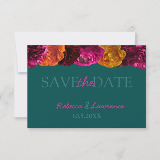 Moderne levendige hete roze groene bloemenbruiloft save the date (Voorkant)