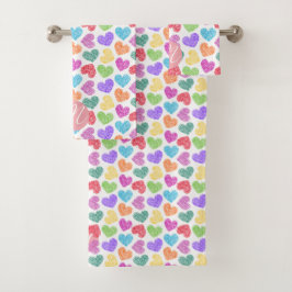 Moderne Levendige Regenboog Doodle Harten Monogram Bad Handdoek