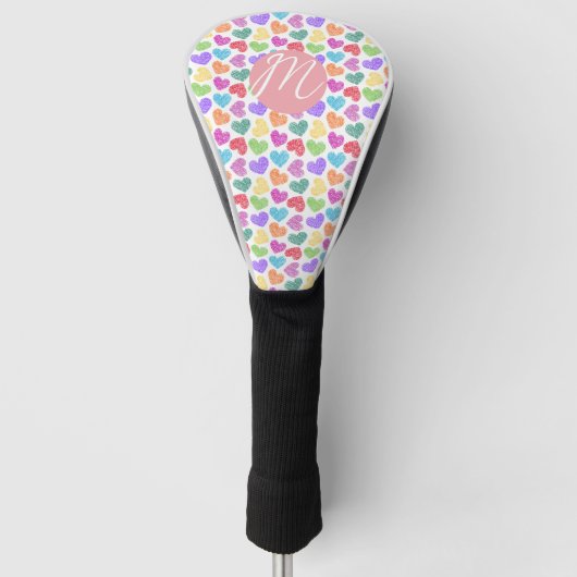 Moderne Levendige Regenboog Doodle Harten Monogram Golfheadcover (Voorkant)