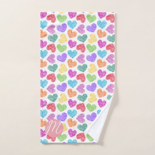 Moderne Levendige Regenboog Doodle Harten Monogram Handdoek (Handdoek)