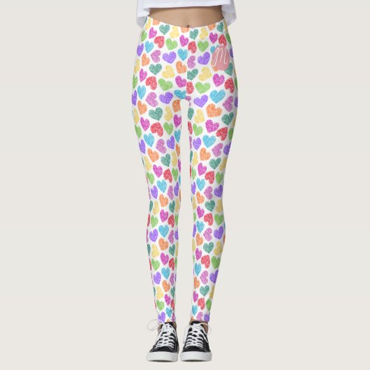 Moderne Levendige Regenboog Doodle Harten Monogram Leggings (Voorkant)
