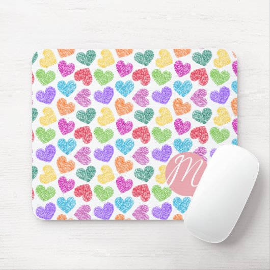Moderne Levendige Regenboog Doodle Harten Monogram Muismat (Met muis)
