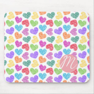 Moderne Levendige Regenboog Doodle Harten Monogram Muismat
