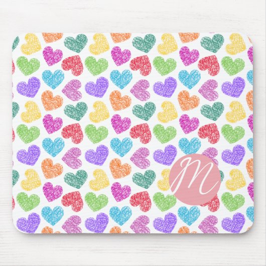 Moderne Levendige Regenboog Doodle Harten Monogram Muismat (Voorkant)