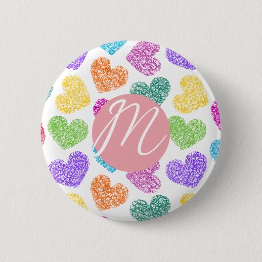 Moderne Levendige Regenboog Doodle Harten Monogram Ronde Button 5,7 Cm (Voorkant)