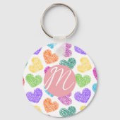 Moderne Levendige Regenboog Doodle Harten Monogram Sleutelhanger (Voorkant)