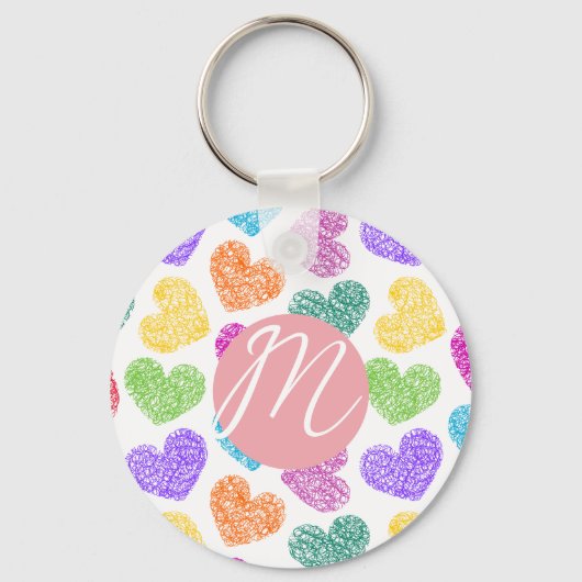 Moderne Levendige Regenboog Doodle Harten Monogram Sleutelhanger (Voorkant)