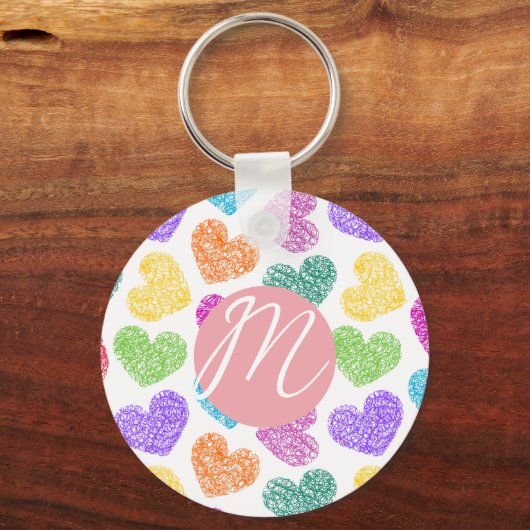 Moderne Levendige Regenboog Doodle Harten Monogram Sleutelhanger (Achterkant)