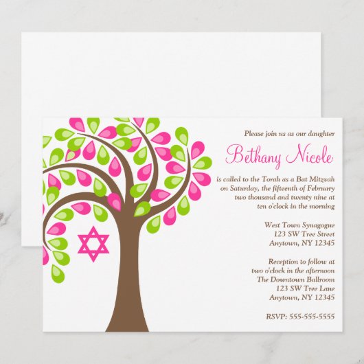 Moderne levensboom roze groene vlek Mitzvah Kaart (Voorkant / Achterkant)