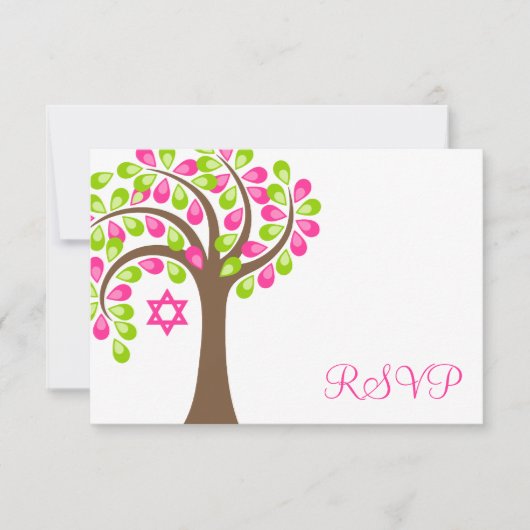 Moderne levensboom roze groene vlek Mitzvah RSVP (Voorkant)