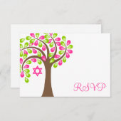 Moderne levensboom roze groene vlek Mitzvah RSVP (Voorkant / Achterkant)