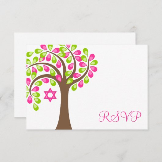 Moderne levensboom roze groene vlek Mitzvah RSVP (Voorkant / Achterkant)