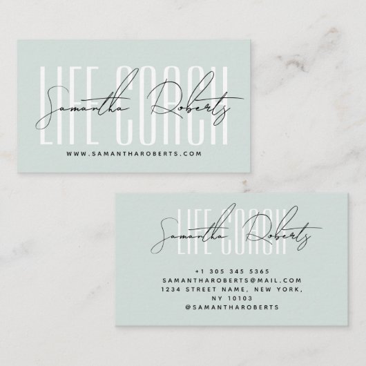 Moderne levenscoach typografie script blauw visitekaartje (Voorkant / Achterkant)