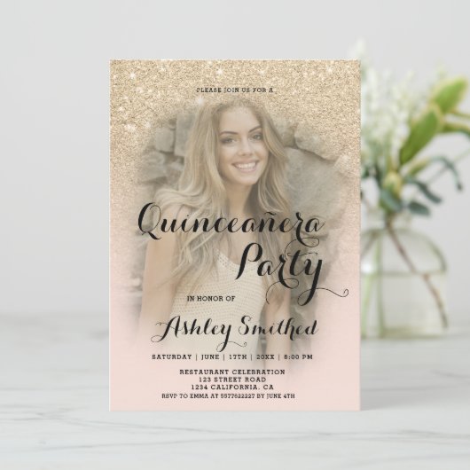 Moderne licht gouden glitter ombre foto Quinceañer Kaart (Staand voorkant)