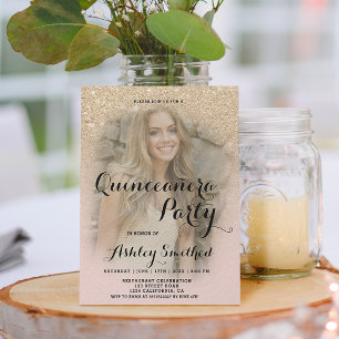 Moderne licht gouden glitter ombre foto Quinceañer Kaart