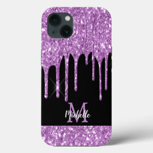 Moderne Licht Paarse Glitter Druppels Monogram iPhone 13 Hoesje