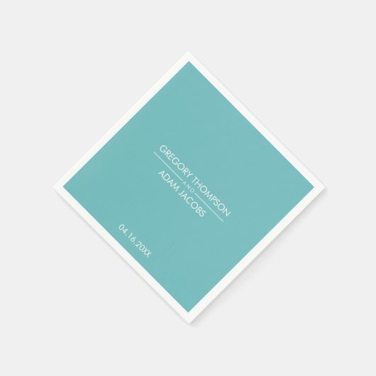 Moderne licht turquoise huwelijksnamen & datum bru servet (Hoek)