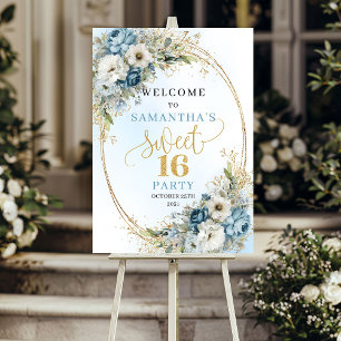 Moderne lichtblauwe bloemen Sweet 16 welkomstposte Poster