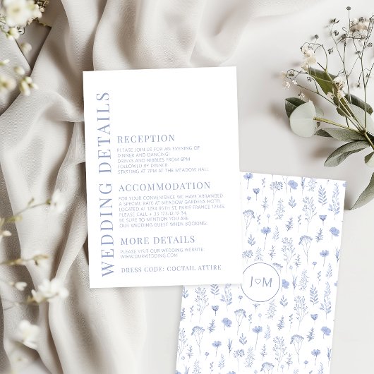 Moderne Lichtblauwe Bloemen Trouwdetails Kaart