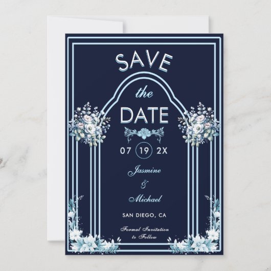 Moderne Lichtblauwe Boog Bloemen Marine Boho Huwel Save The Date (Voorkant)
