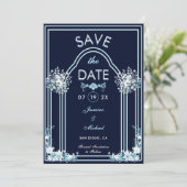 Moderne Lichtblauwe Boog Bloemen Marine Boho Huwel Save The Date (Staand voorkant)