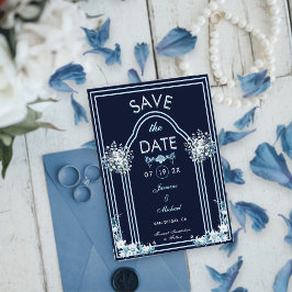 Moderne Lichtblauwe Boog Bloemen Marine Boho Huwel Save The Date