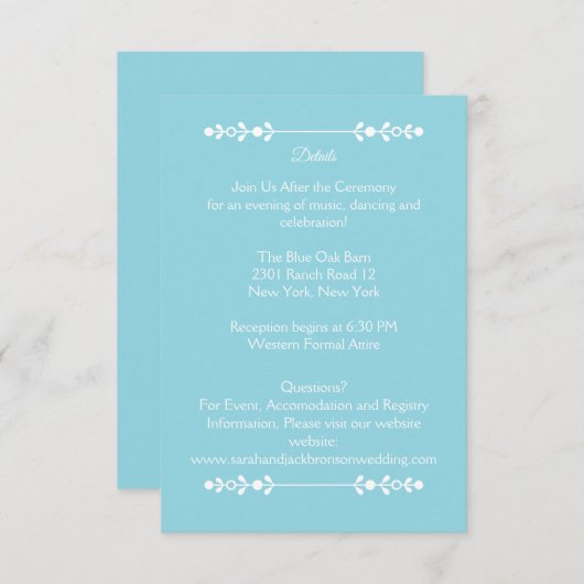 Moderne lichtblauwe en witte trouwdetails kaart (Voorkant / Achterkant)