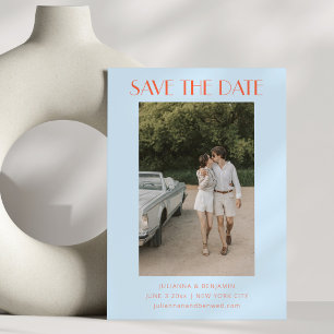 Moderne lichtblauwe oranje Art Deco fototrouwkaart Save The Date