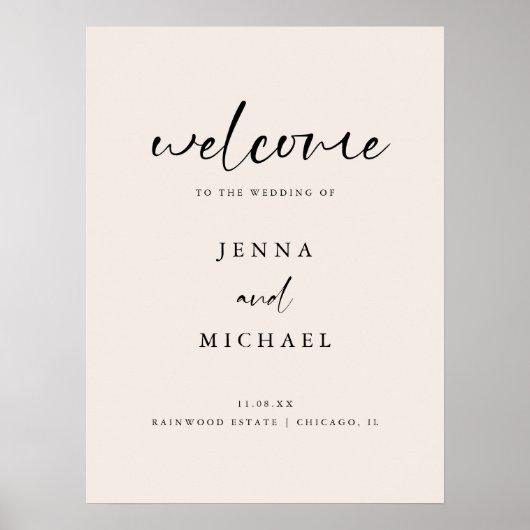 Moderne lichte beige script bruiloft welkom poster (Voorkant)