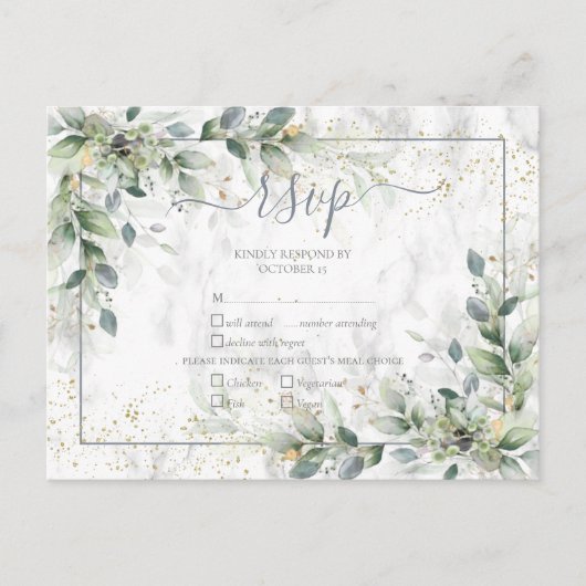 Moderne lichte grijze Floral Gold Marble RSVP Uitnodiging Briefkaart (Voorkant)