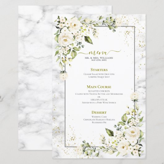 Moderne lichte grijze witte Floral Gold Marble Wed (Voorkant / Achterkant)