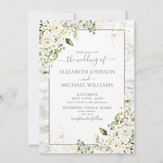 Moderne lichte grijze witte Floral Gold Marble Wed Kaart (Voorkant)