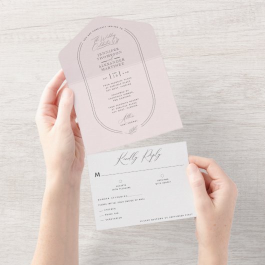 Moderne lichte lichte, zachte roze bruiloft in één all in one uitnodiging (Afscheurbaar)