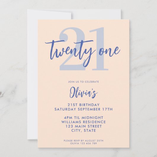 Moderne Lichte Perzik Blauw Elegant 21ste Verjaard Kaart (Voorkant)