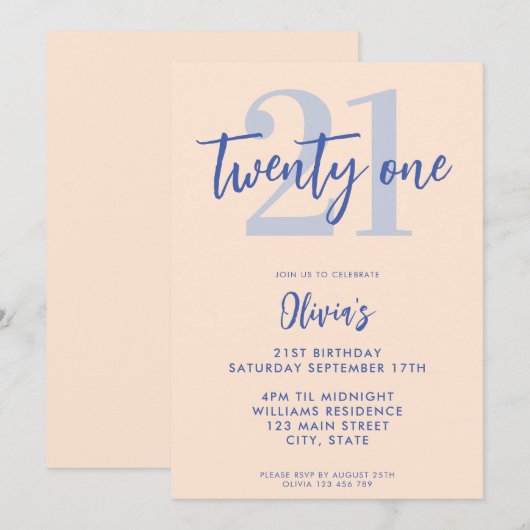 Moderne Lichte Perzik Blauw Elegant 21ste Verjaard Kaart (Voorkant / Achterkant)