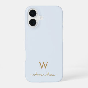 Moderne Lichte Stof Blauw Gouden Script Monogram iPhone 16 Hoesje
