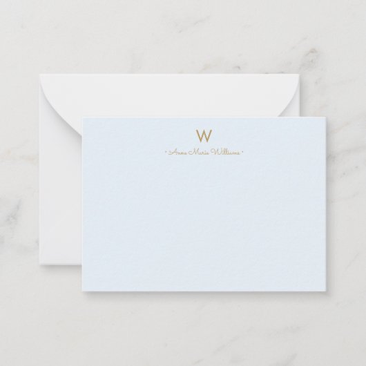 Moderne Lichte Stof Blauw Gouden Script Monogram Notitiekaartje (Voorkant)