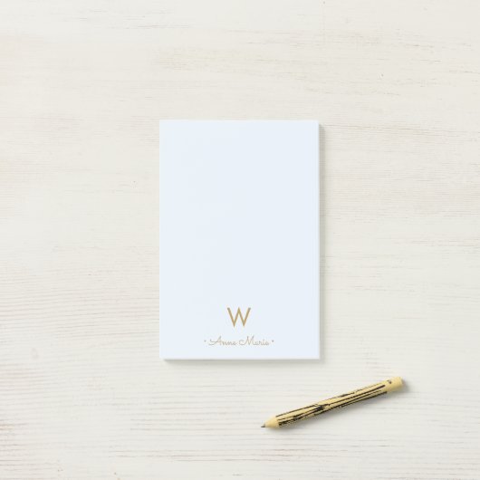 Moderne Lichte Stof Blauw Gouden Script Monogram Post-it® Notes (Op bureau)