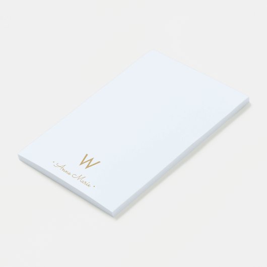 Moderne Lichte Stof Blauw Gouden Script Monogram Post-it® Notes (Schuin)