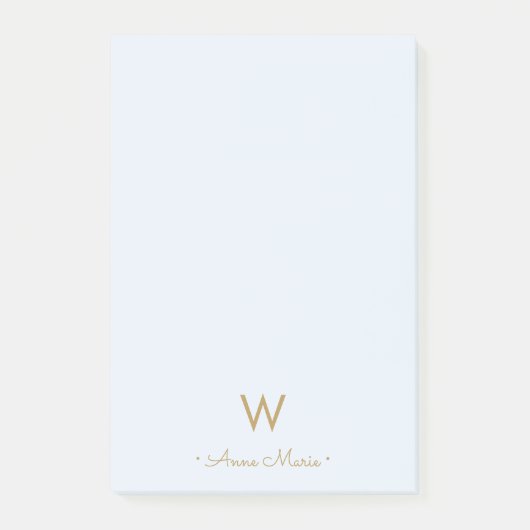 Moderne Lichte Stof Blauw Gouden Script Monogram Post-it® Notes (Voorkant)