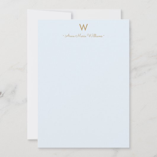 Moderne Lichte Stofblauwe Gouden Script Monogram Notitiekaartje (Voorkant)